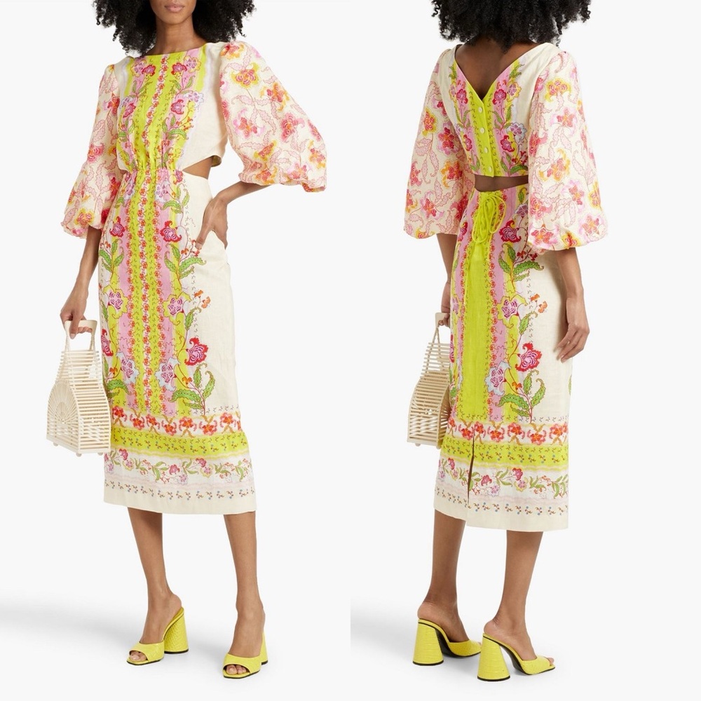 Saloni Aphrodite Borders Neelam Linen Maxi Dress Size 6